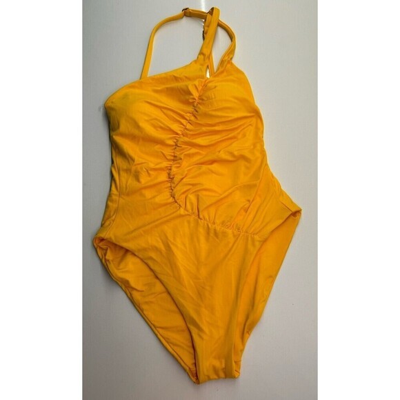 SOLUNA RUCHED Sheer Delight ONE SHOULDER One-Piece SWIMSUIT yellow gold size M - Picture 3 of 12